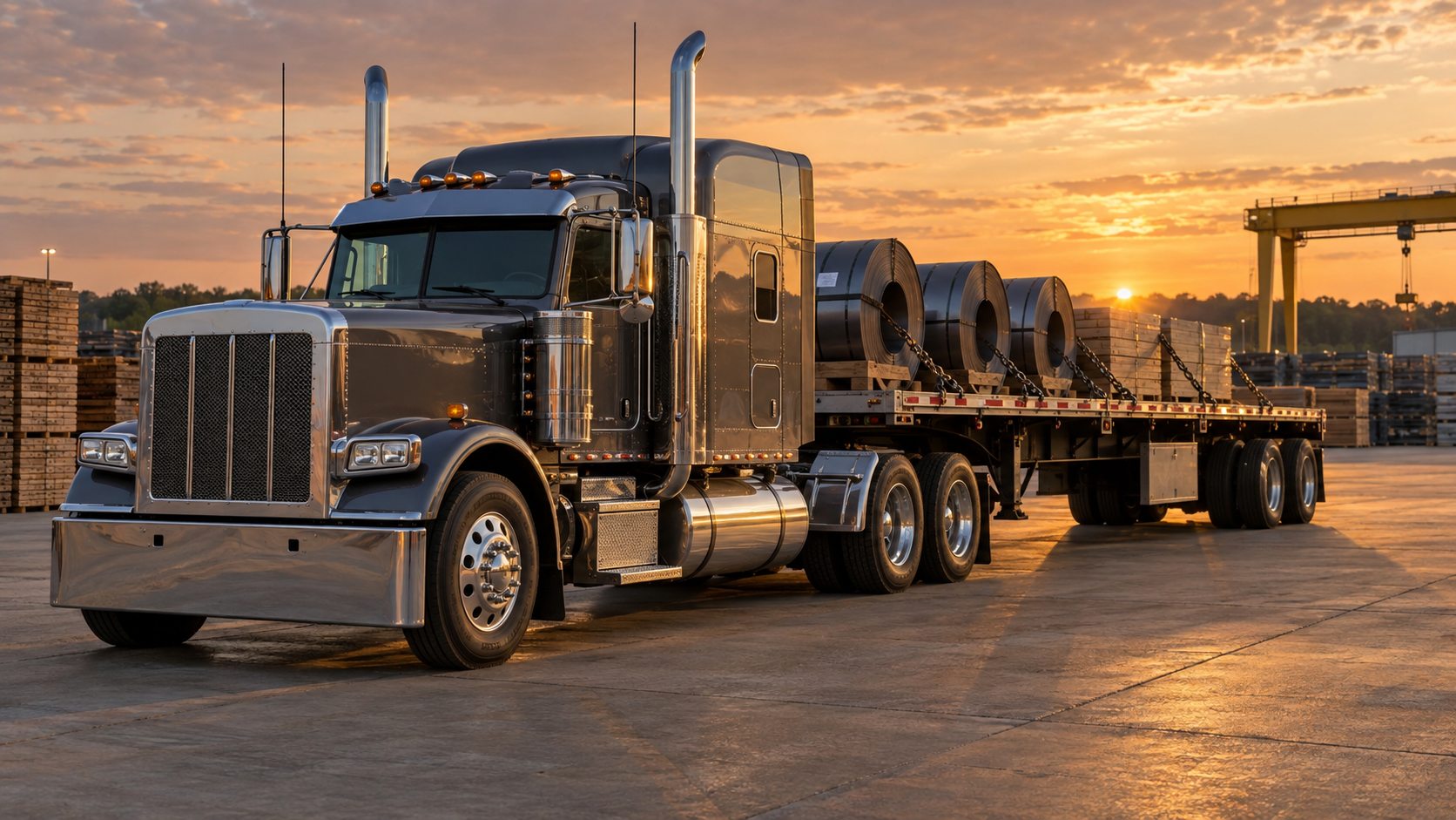 Flatbed semi truck in a freight yard