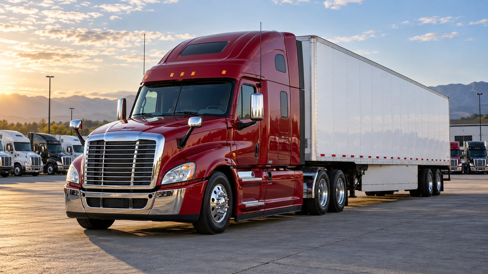 Red sleeper semi truck in a truck sales yard
