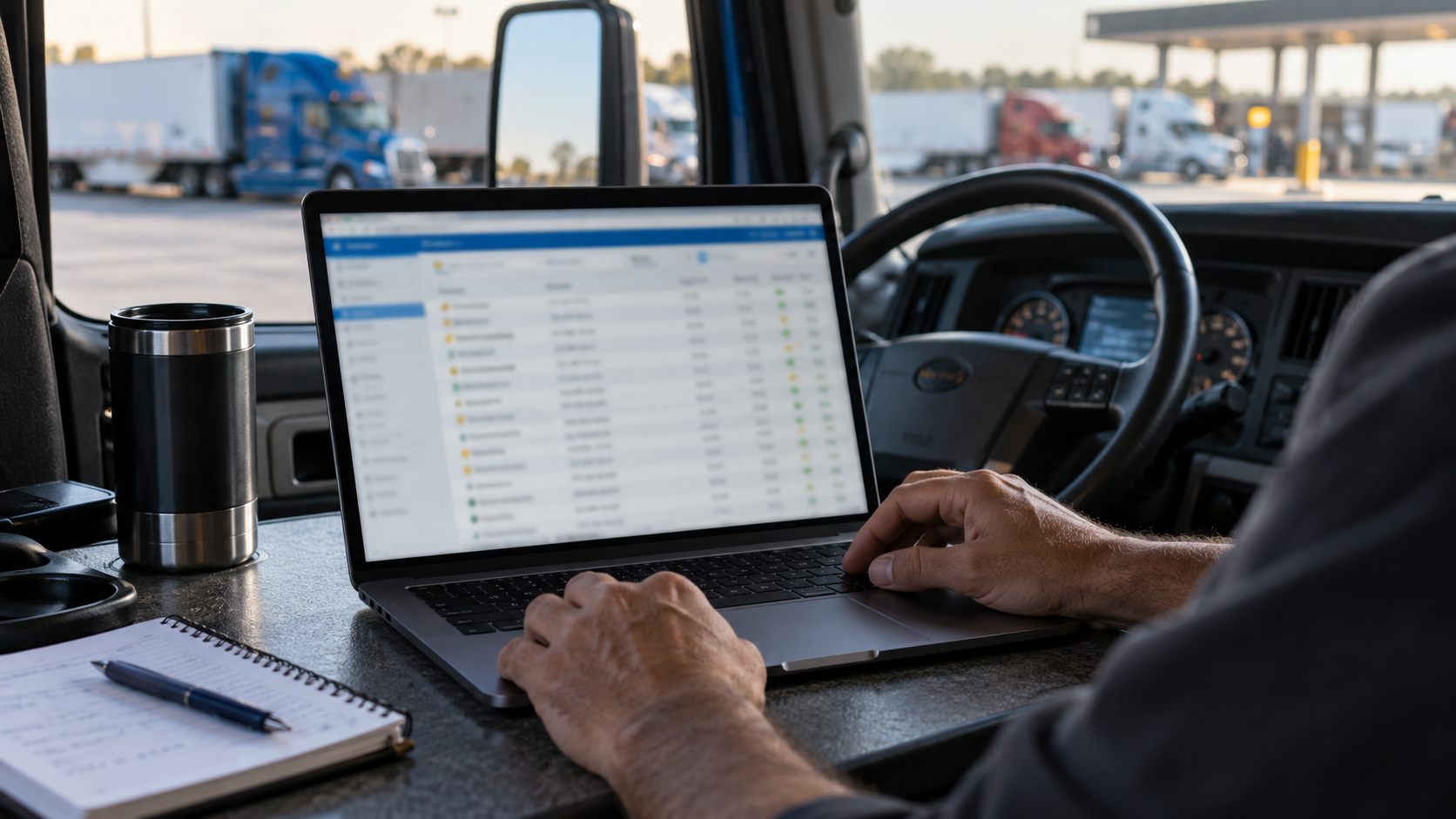 Owner operator looking at a generic blurred freight board on a laptop
