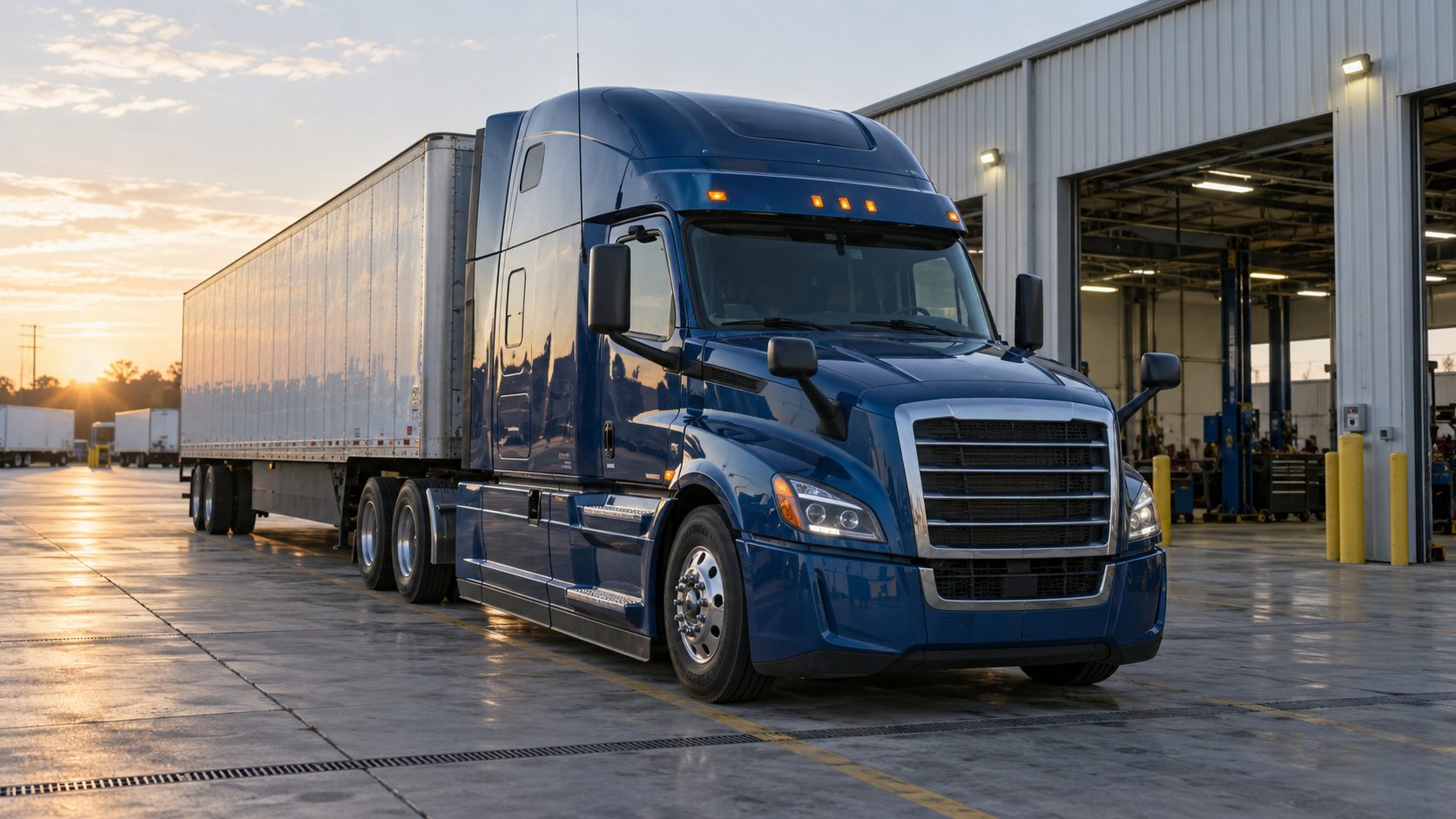 Modern American semi truck at an inspection facility