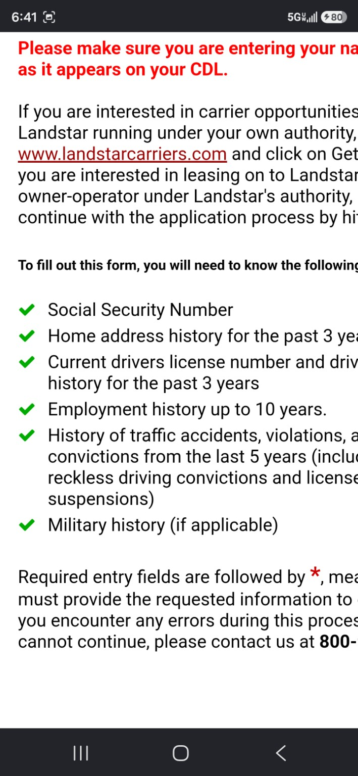 Landstar application information needed before starting