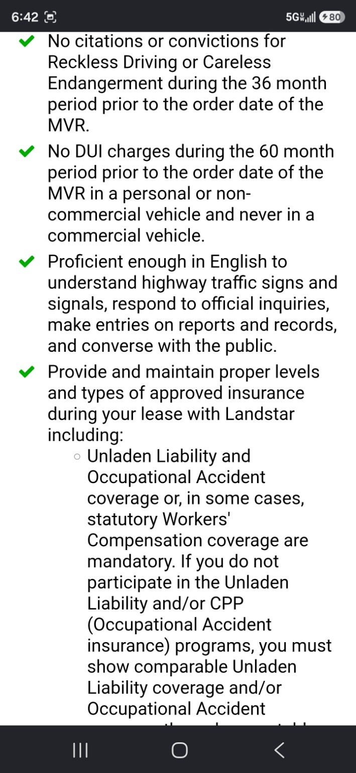 Landstar application safety and insurance requirements screen