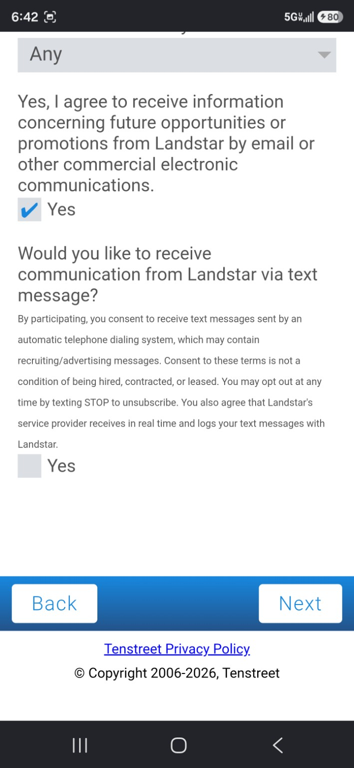 Landstar application communication consent screen