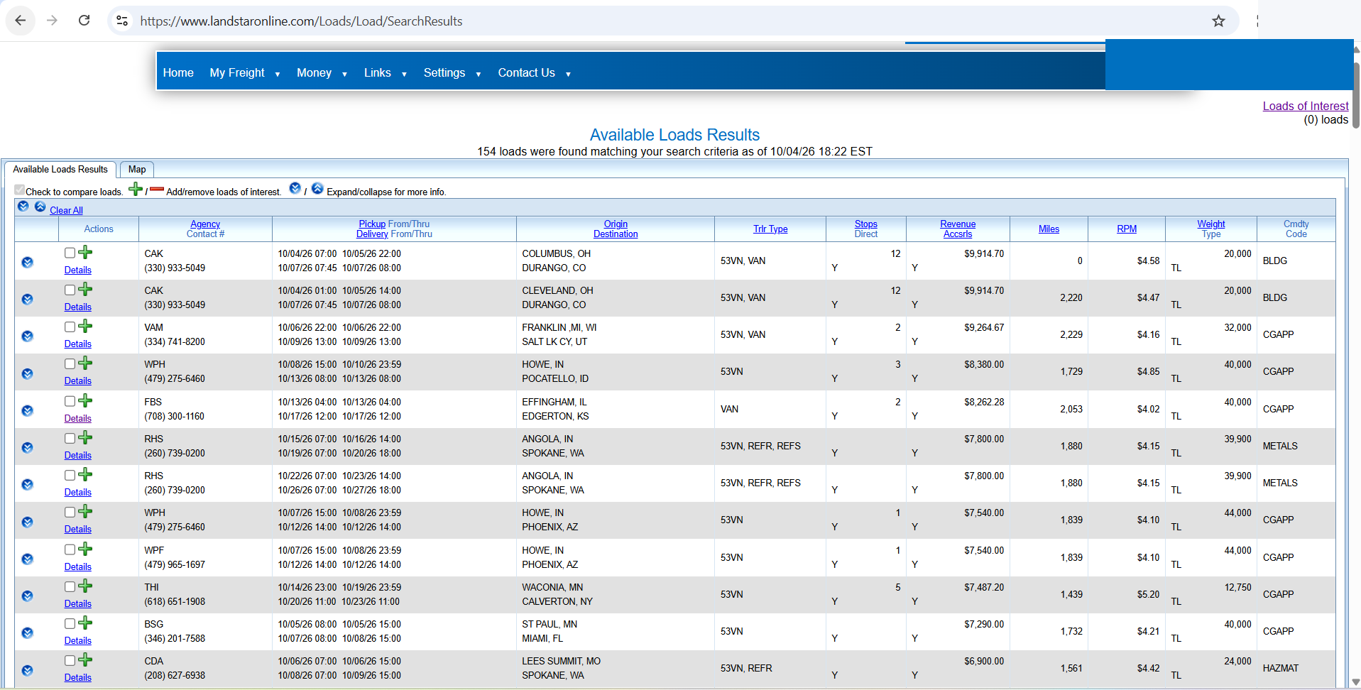 Redacted Landstar load board results filtered to direct shipper loads