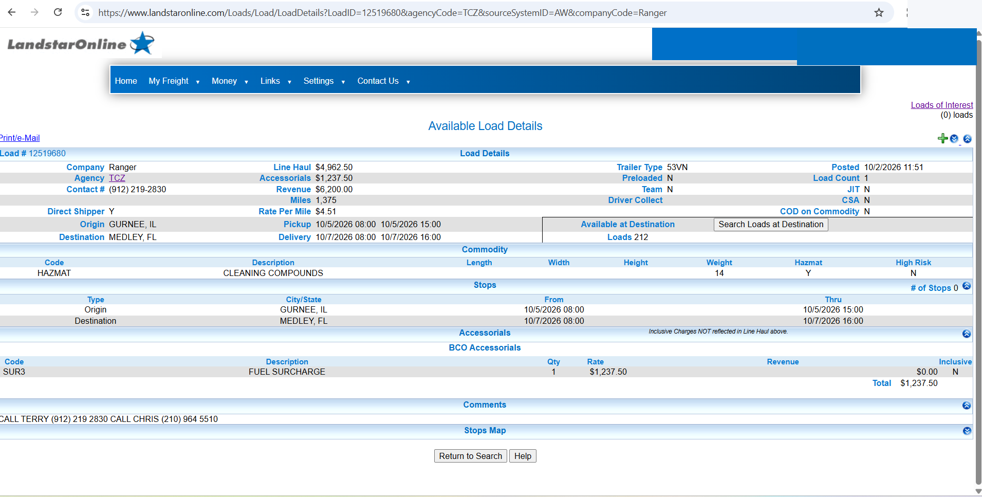 Redacted Landstar load details for a Gurnee Illinois to Medley Florida load