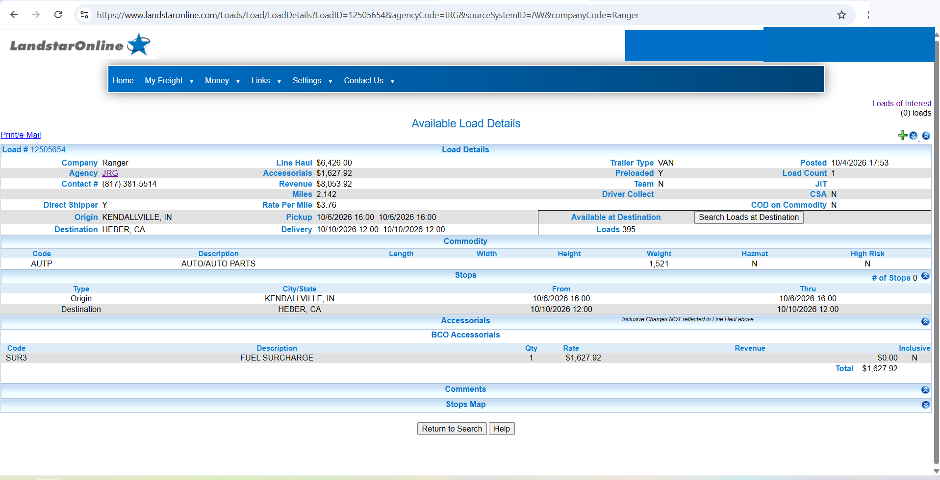 Redacted Landstar load details for a Kendallville Indiana to Heber California load