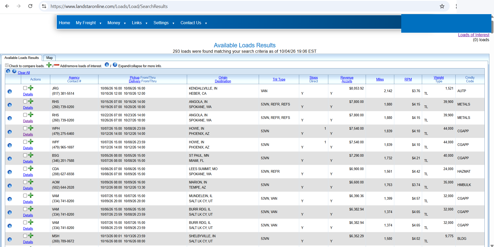 Redacted Landstar load board results after lowering the rate filter and limiting stops