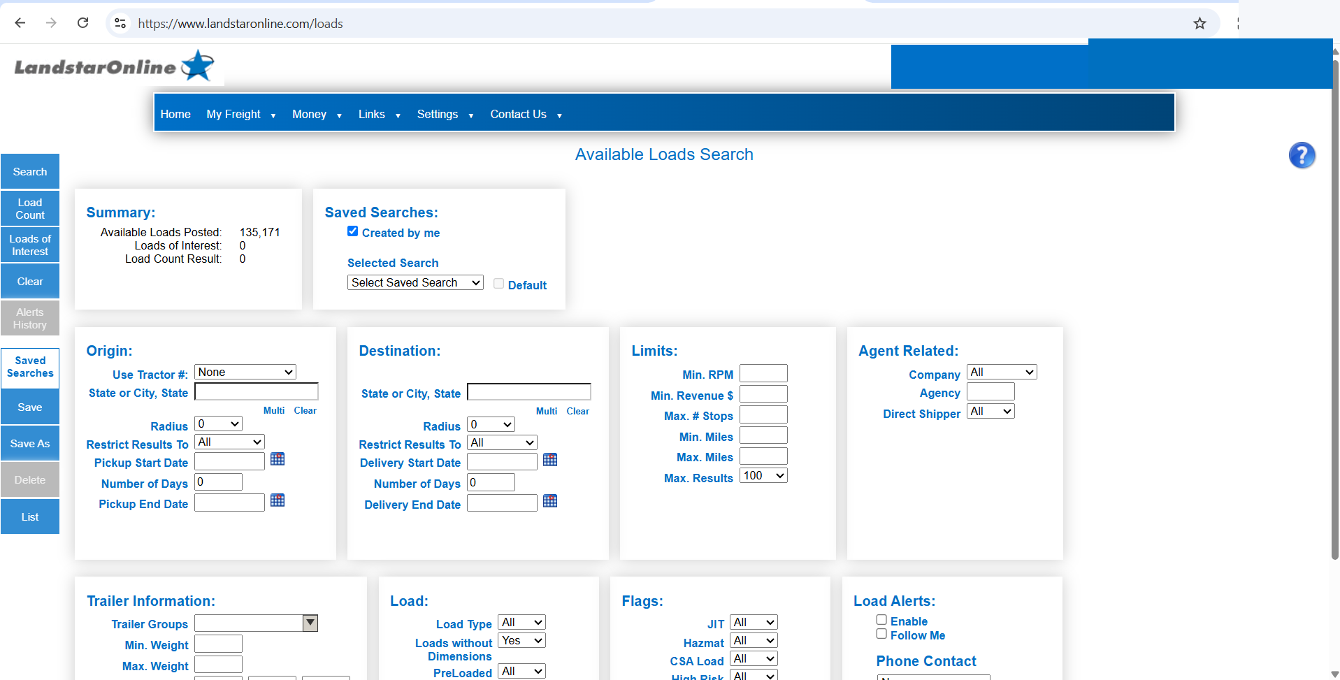 Redacted Landstar load board screen showing more than 135,000 posted loads